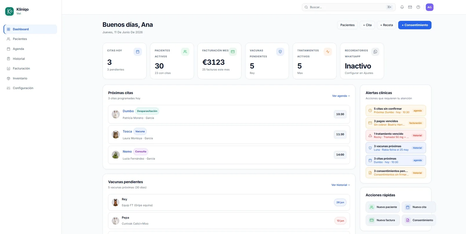 Kliniqo Vet — real dashboard